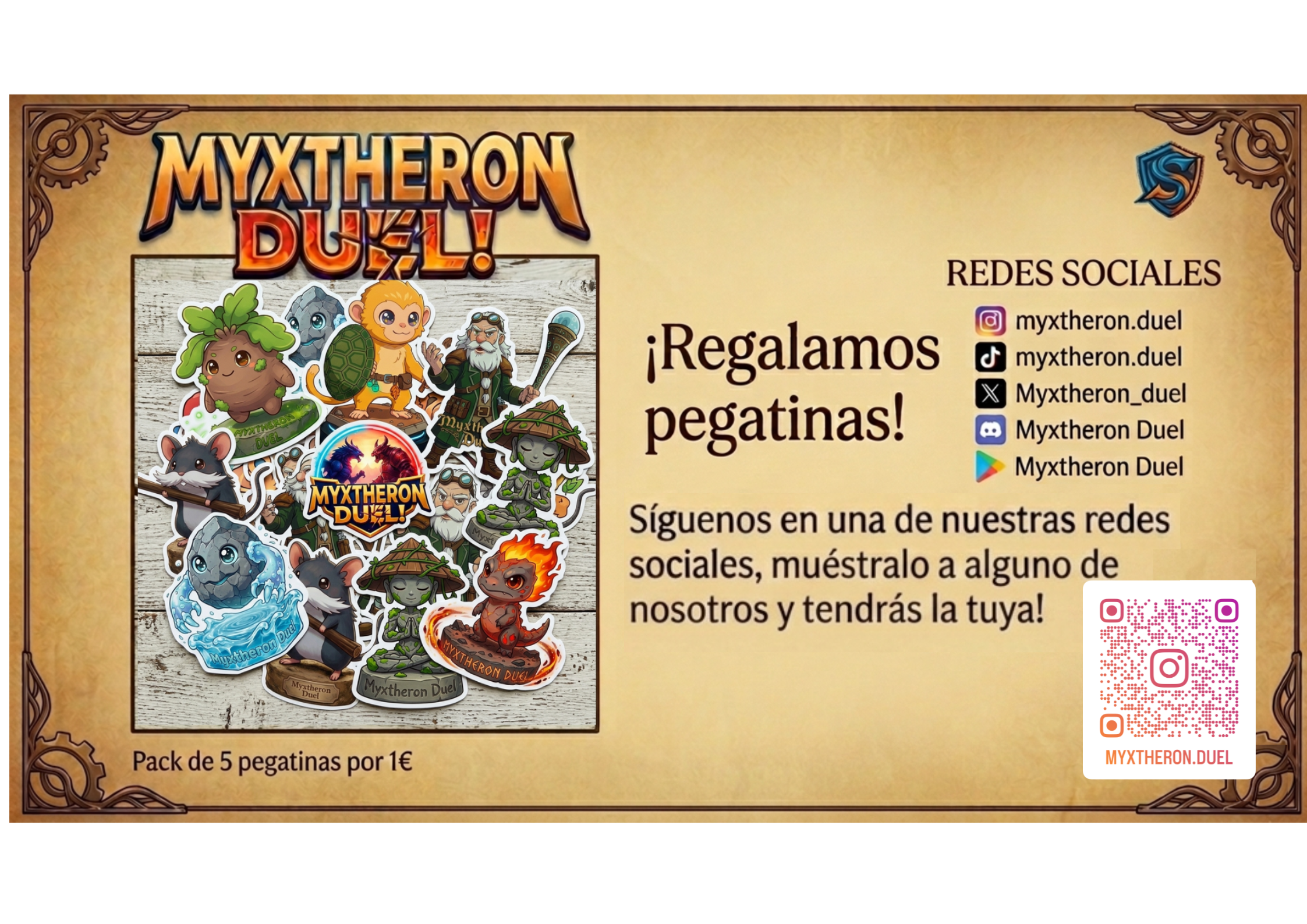Síguenos en una de nuestras redes sociales y/o pre-regístrate en App Store o Play Store y llévate gratis una pegatina original de Myxtheron Duel gratis.